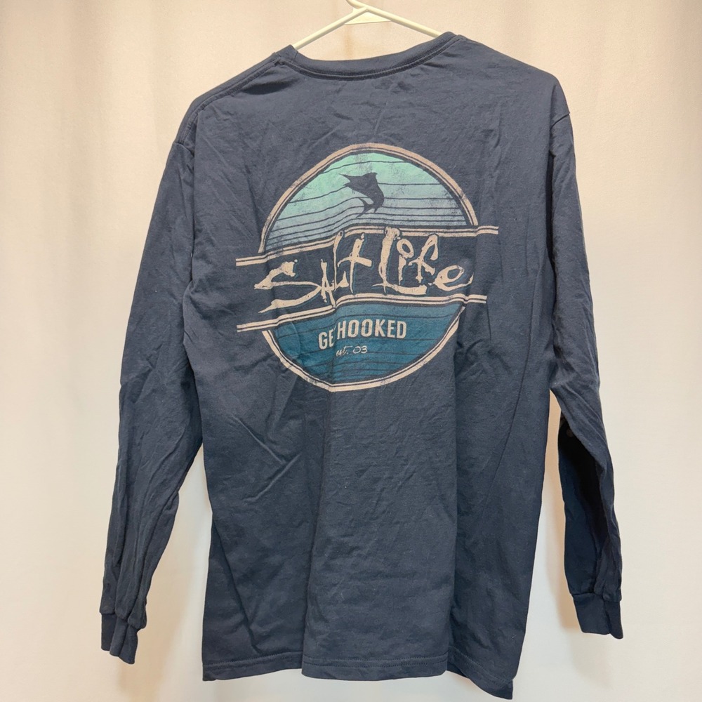 Salt Life Long Sleeve T-Shirt Mens Medium Navy Blue Get Hooked Marlin Pocket Tee